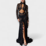Azalea - Vestido largo elástico de manga larga con aberturas transparentes Midnight Elegance