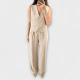 Hazel - Conjunto de dos piezas de chaleco y pantalón liso de cuello en V elegante