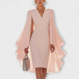 Rachel - Vestido midi rosa claro con cuello en V y mangas de gasa