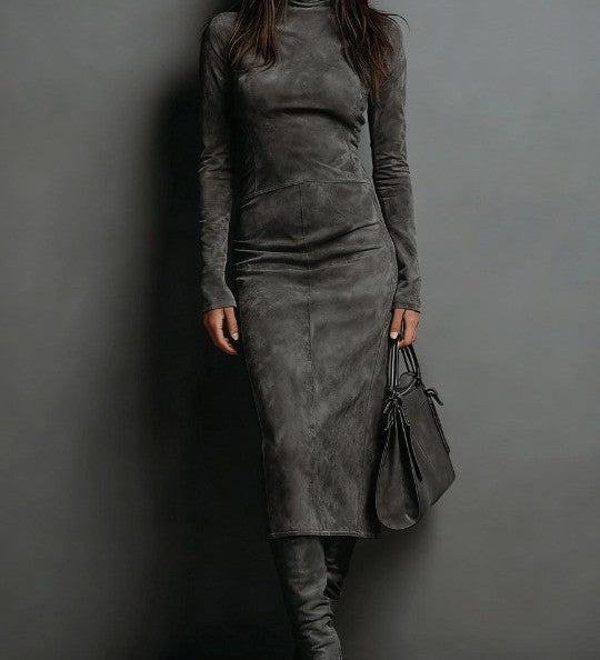 Marcelle Luxe™ | Vestido Midi de Cuello Alto de Gamuza Contour