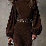 Aurelia™ | Vestido Largo de Cuello Alto de Gamuza de Lujo