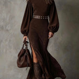 Aurelia™ | Vestido Largo de Cuello Alto de Gamuza de Lujo