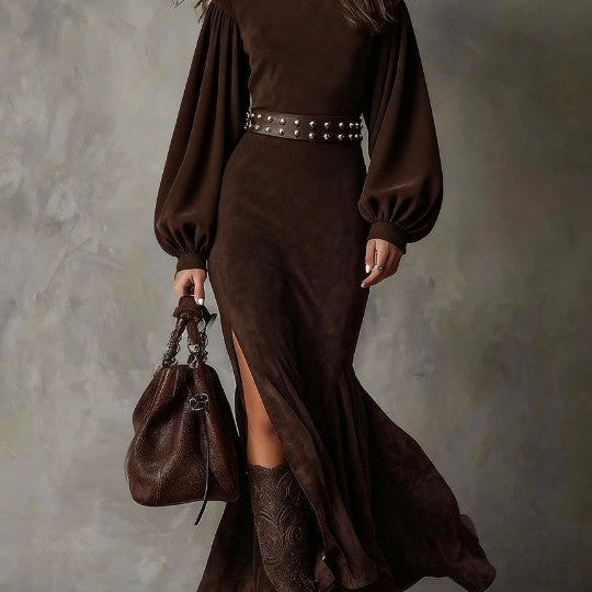 Aurelia™ | Luxe Suede High-Neck Maxi Dress