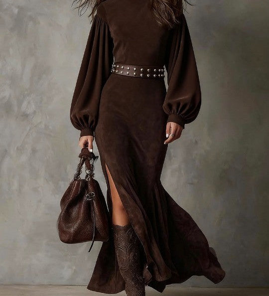 Aurelia™ | Vestido Largo de Cuello Alto de Gamuza de Lujo