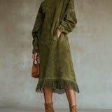 Aurelia Fringe™ | Vestido midi de cuello alto de ante vintage