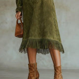 Aurelia Fringe™ | Vestido midi de cuello alto de ante vintage